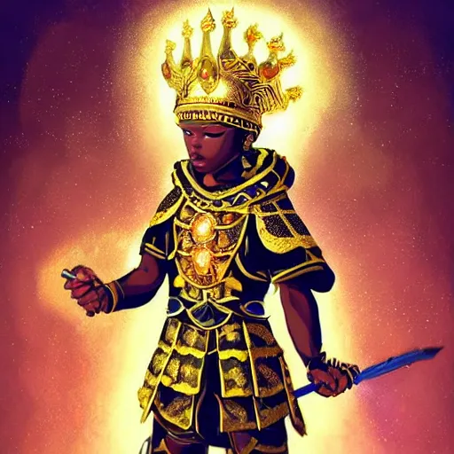 Image similar to a young black boy dressed like an african moorish warrior in gold armor and a crown with a ruby, posing with a very ornate glowing electric spear!!!!, for honor character digital illustration portrait design, by android jones in a psychedelic fantasy style, dramatic lighting, hero pose, wide angle dynamic portrait