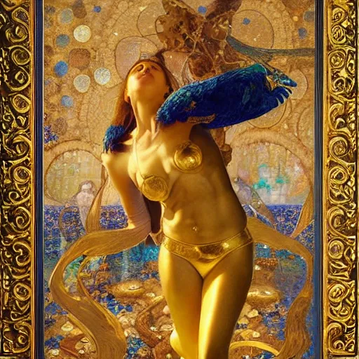 Image similar to epic masterpiece full body portrait a beautiful woman, with a beautiful face and flawless golden skin, gold body paint, blue tile mosaic in the background, bathhouse, by Edgar Maxence and Ross Tran and Michael Whelan