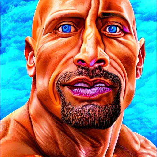 Image similar to An extremely psychedelic portrait of Dwayne Johnson, surreal, LSD, face, detailed, intricate, elegant, lithe, highly detailed, digital painting, artstation, concept art, smooth, sharp focus, illustration