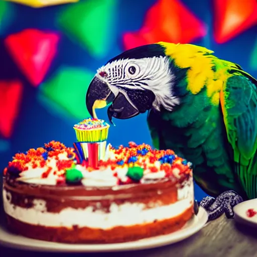 Image similar to photo of parrot eating a birthday cake, highly detailed, cinematic, strong bokeh, 4 k