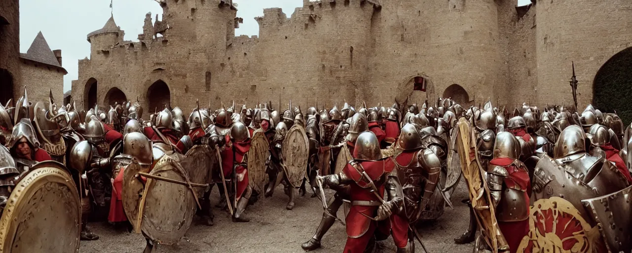 Image similar to medieval knights defending a large mound of spaghetti behind the castle gates, small details, realistic faces, intricate, canon 5 0 mm, high detail, intricate, cinematic lighting, photography, wes anderson, film, kodachrome