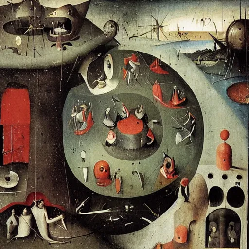 Image similar to robotic dreams of the world beyond, painted by hieronymus bosch