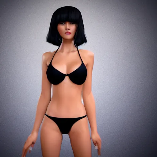 Image similar to black-haired beauty in 3D style , in a bikini , knee-length hair , 2K