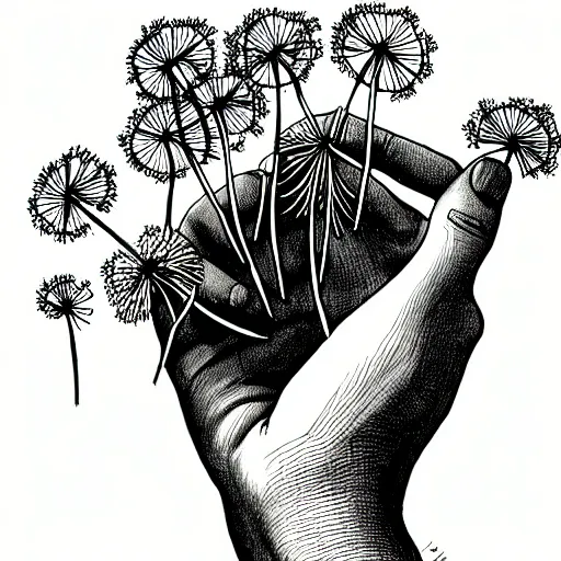 Image similar to a hand with dandelions growing out of it, pen and ink style