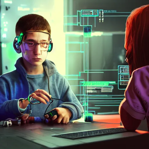 Image similar to cyberpunk kid programming his parents. the kid hand holding wire that connected to the parents head. 4 k, photorealistic, artstation, ultra detrailed.