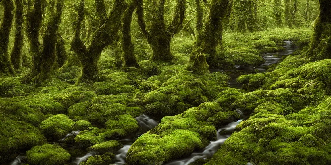 Prompt: Celtic broadleaf forests, sessile oak, mossy and with ferns. A small creek running through the forests in Scotland, small woodland wildflowers. Juniperus communis shrubs. F. Trending on Artstation, deviantart, worth1000. By Greg Rutkowski. National Geographic and iNaturalist HD photographs