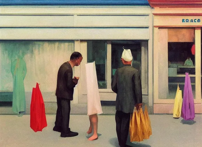 Image similar to man in a translucent dress made from plastic bag with paper bags for clothes standing inside paper bags with paper bag over the head at store in line for an ice cream cart display Edward Hopper and James Gilleard, Zdzislaw Beksinski, highly detailed