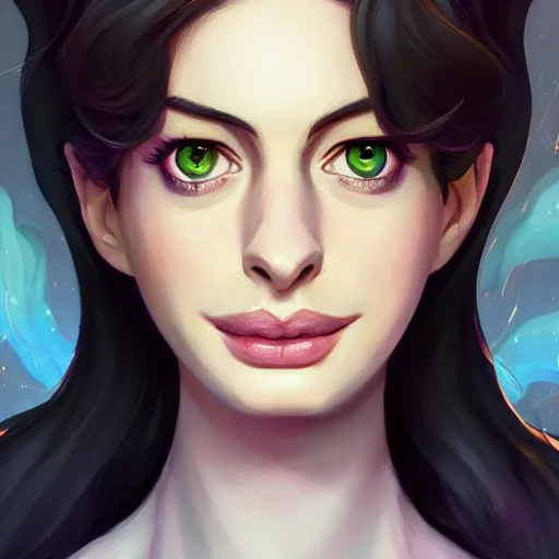 Prompt: a portrait of a beautiful Anne Hathaway witch, art by lois van baarle and loish and ross tran and rossdraws and sam yang and samdoesarts and artgerm, digital art, highly detailed, intricate, sharp focus, Trending on Artstation HQ, deviantart, unreal engine 5, 4K UHD image