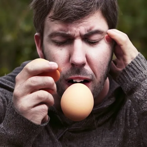 Prompt: a man eating the last egg while looking sad, realistic photo,