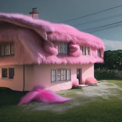 Prompt: extremly detailed house made of pink fluffy fur, photorealistic, high details, 8 k, sharp focus, octane render, volumetric light