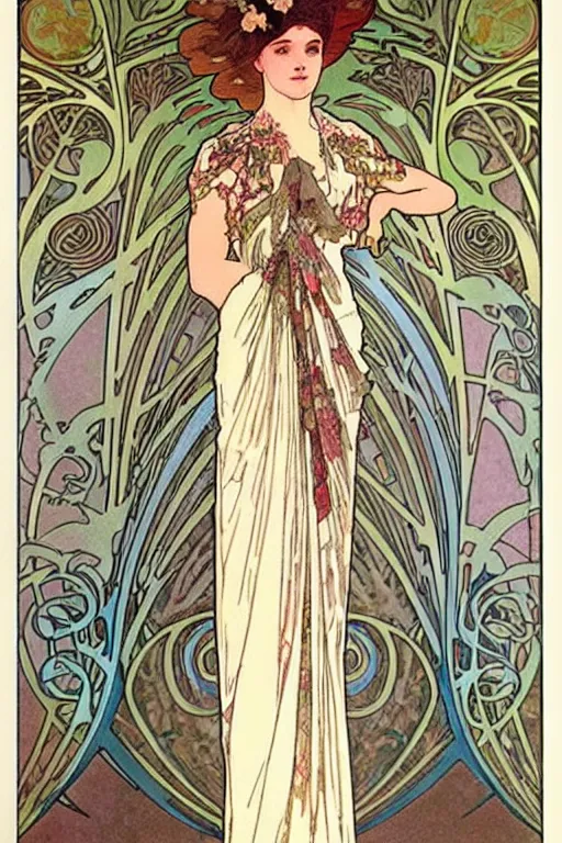 Prompt: 4 elegant full length dress designs with natural history prints designed by alphonso mucha