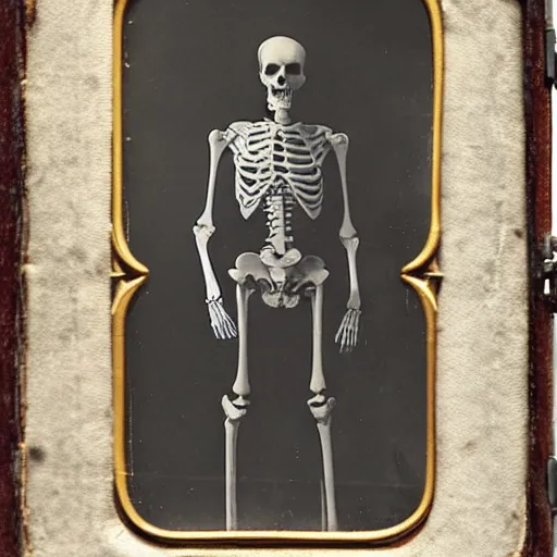 Prompt: A daguerreotype photograph of a skeleton waving, tintype