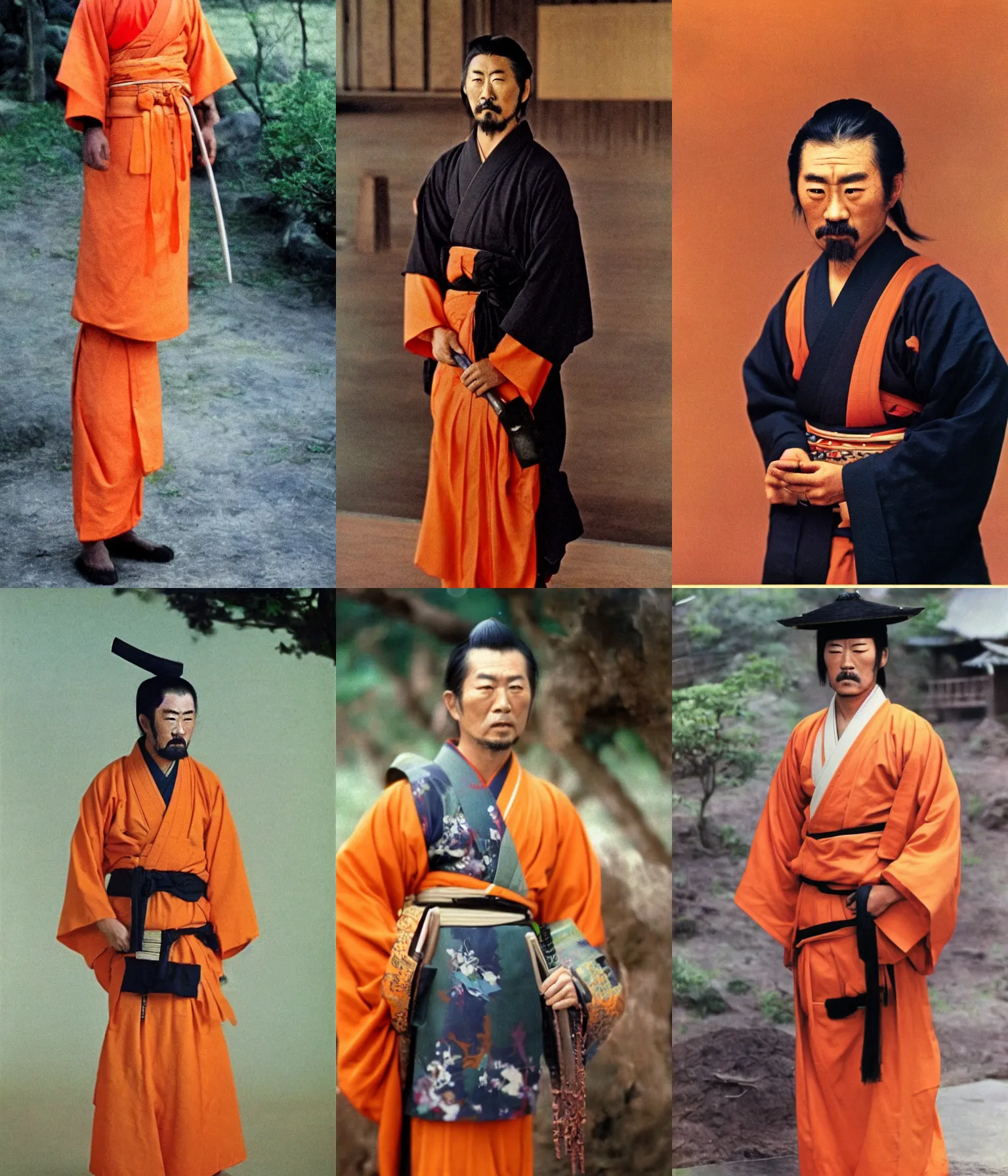 Prompt: full color still of a samurai with dark goatee and orange yukata in 1920, 150mm lens by Akira Kurosawa, 1980 cinematography