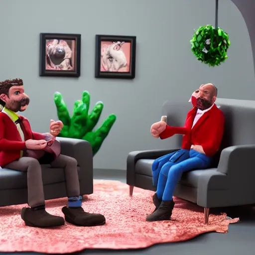 Image similar to photorealistic claymation, two guys sitting on a couch, messy table, watching tv, 3D, highly detailed,