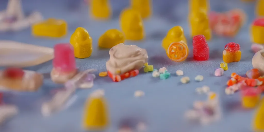 Image similar to a cinematic film still of a claymation stop motion film about a town made of lemons and candy, shallow depth of field, 8 0 mm, f 1. 8