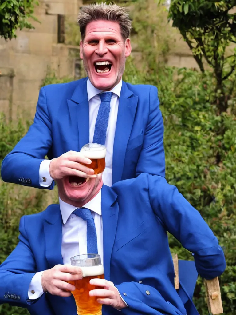 Image similar to Sir Kier Starmer wearing a blue suit laughing and drinking a big pint of lager