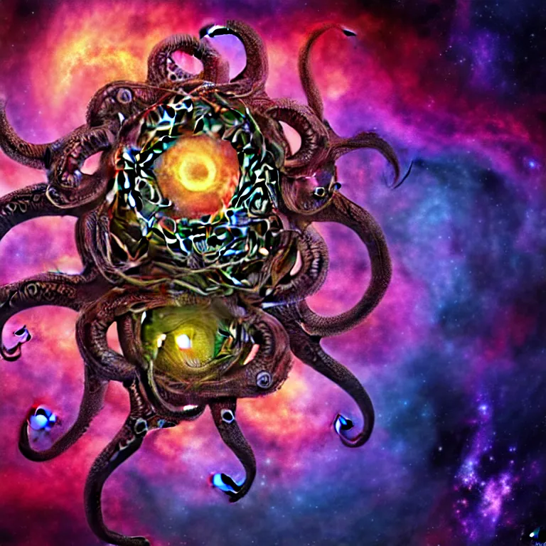 Prompt: a dramatic and beautiful digital matte painting of large space octopus with legs made of fractal celtic knots floating in front of beautiful nebulae, trending on cgartist, hi-fructose, mandala, ultra detailed 8k