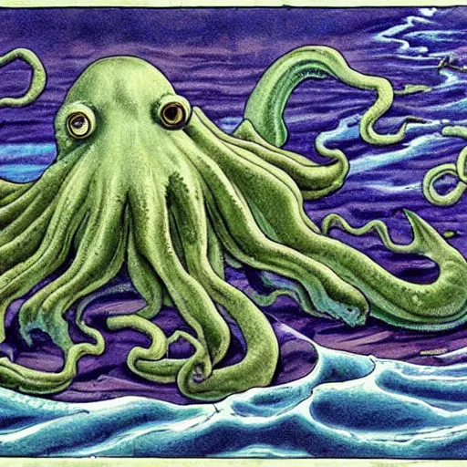 Prompt: a giant cthulhu half leaking out of the sea, surrounded by hurricanes and storm
