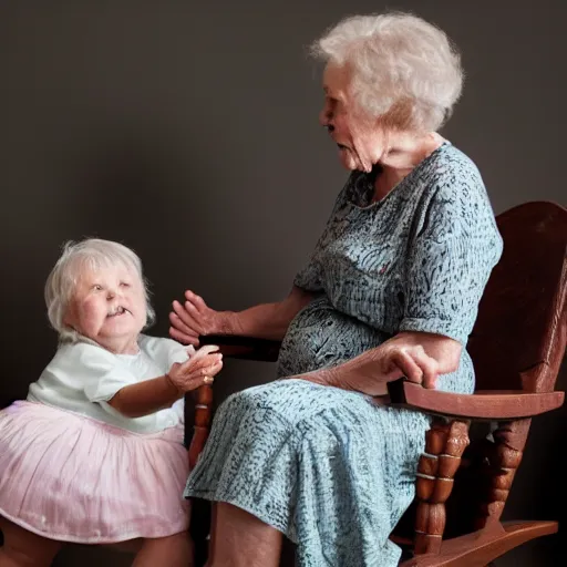 Prompt: very old white grandmother sitting in a rocking chair, grandmother is teasing her 3 year old baby granddaughter