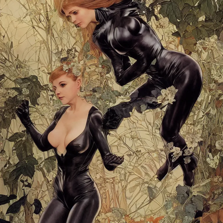 Image similar to Erin Moriarty as Cat Woman, highly detailed, digital painting, artstation, concept art, smooth, sharp focus, illustration, ArtStation, art by artgerm and greg rutkowski and alphonse mucha and J. C. Leyendecker and Edmund Blair Leighton and Katsuhiro Otomo and Geof Darrow and Phil hale and Ashley wood and Ilya repin and Charlie Bowater