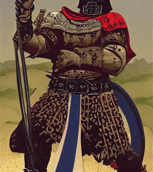 Image similar to character art illustration of a medieval Byzantine infantry warrior by Angus McBride.