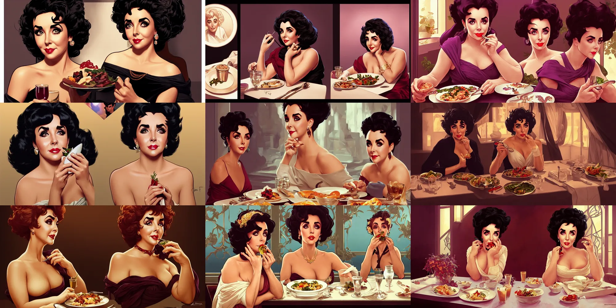 Prompt: liz taylor eating dinner, character sheet, character design, contrast, deep focus, turnaround, highly detailed, dramatic lighting, digital painting, artstation, concept art, matte, sharp focus, illustration, elegant, art by artgerm and greg f and alphonse mucha.