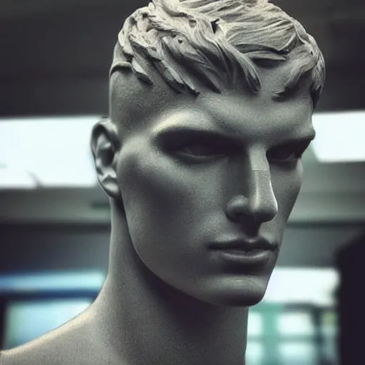 Image similar to “a realistic detailed photo of a guy who is an attractive humanoid who is half robot and half humanoid, who is a male android, Max Verstappen, shiny skin, posing like a statue, blank stare”