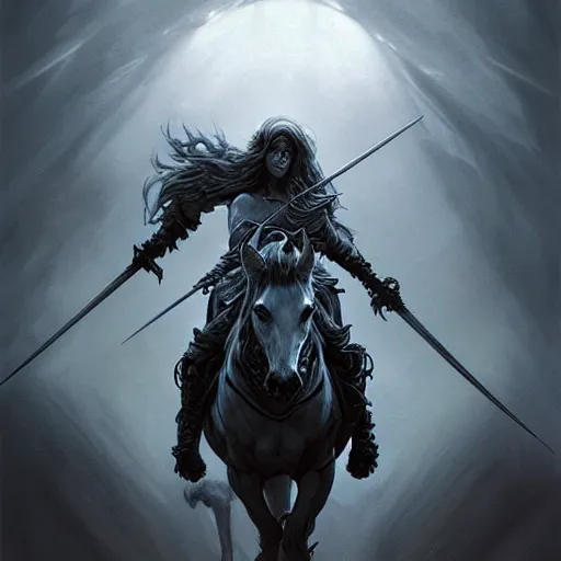 Image similar to concept art by artgerm, death of the four horsemen of the apocalypse, soft grey and blue natural light, intricate, queen of death riding, highly detailed dark art, digital painting, artstation, concept art, smooth, sharp focus, illustration, art by greg rutkowski and luis rollo and uang guangjian and gil elvgren, symmetry!