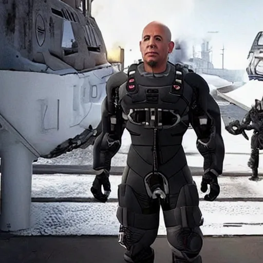 Prompt: Vin Diesel donning an HEV Mk. V suit starring in Half-Life 2 on the Borealis