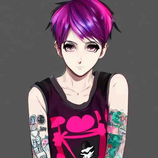 Prompt: full headshot portrait of anime woman with pink pixie cut mohawk punk, digital art, drawn by WLOP, by Avetetsuya Studios, anime manga panel, trending on artstation, wearing a plaid shirt