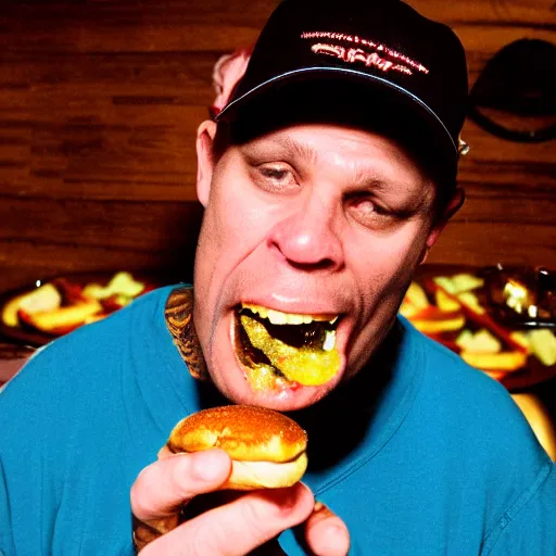 Image similar to a high resolution 4k photograph of John Joseph, the singer of the cromags, shoving a cheeseburger into his mouth