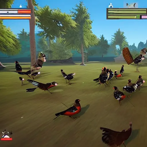 Prompt: battle royal game with birds with guns in - game