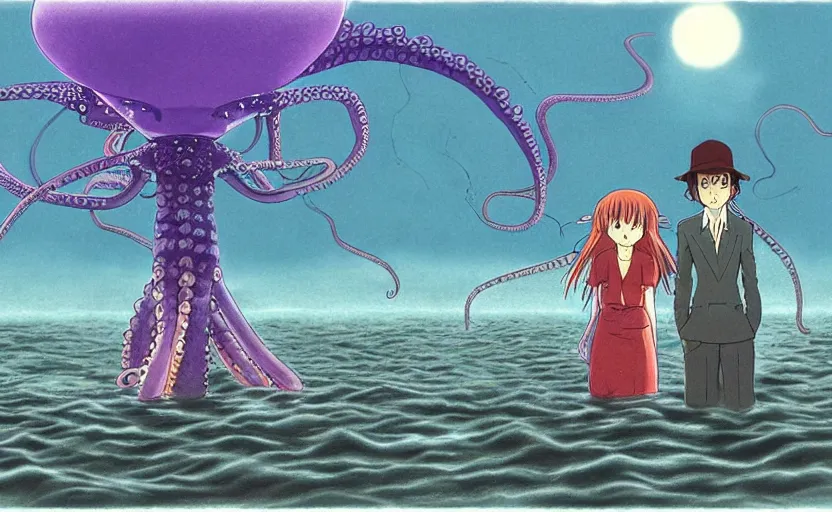 Image similar to a realistic cell - shaded studio ghibli concept art from paprika ( 2 0 0 6 ) of a flying multi - colored octopus from close encounters of the third kind ( 1 9 7 7 ) and a grey long - haired witch in a flooded stonehenge on a misty starry night. very dull colors, wide shot, hd, 4 k, hq