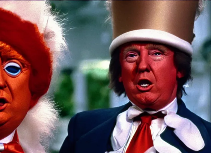 Prompt: film still of Donald Trump as a oompa loompa in Willy Wonka's and the Chocolate Factory 1971