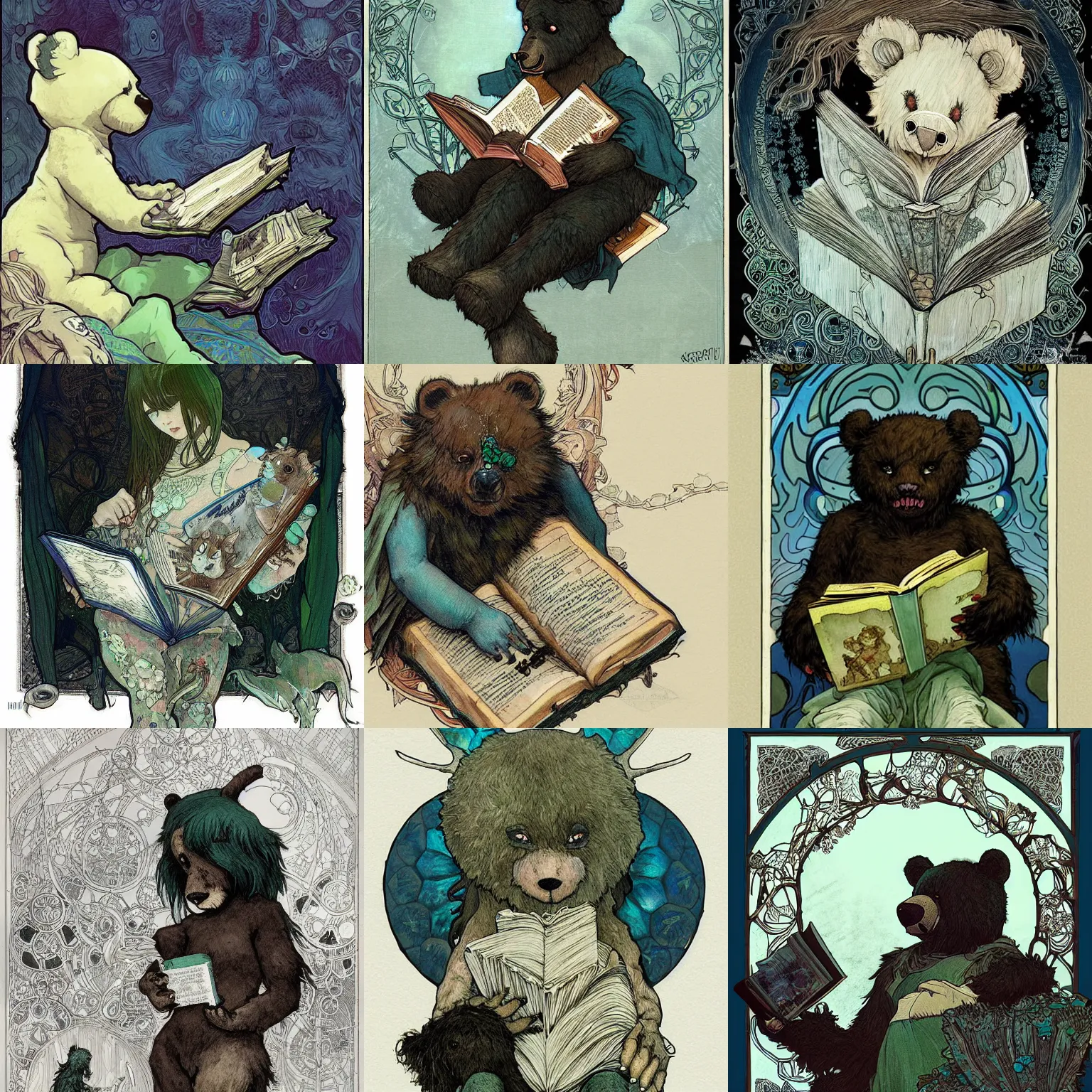 Prompt: a teddy bear reading from a demonic book, highly detailed, gloomy, digital painting, trending on artstation, concept art, sharp focus, illustration, art by alphonse mucha and kaethe butcher and krenz cushart, black and blue and green color scheme