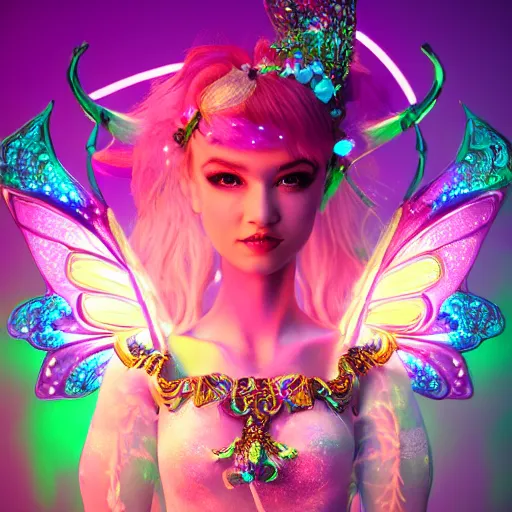 Image similar to portrait of neon fairy princess, glowing, ornate and intricate jewelry, jaw dropping beauty, glowing background lighting, white accent lighting, hyper detailed, fairy tale, 4 k octane render