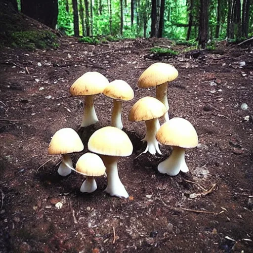 Image similar to alien mushrooms growing from a skull in the woods
