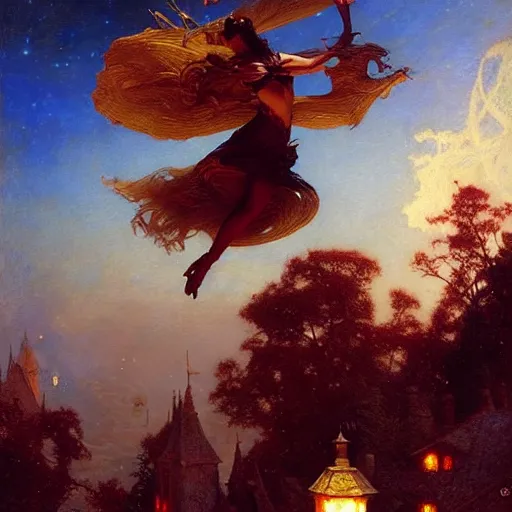 Image similar to witch flying, trough the night, fantasy, full moon in background. highly detailed painting by gaston bussiere, craig mullins, j. c. leyendecker 8 k