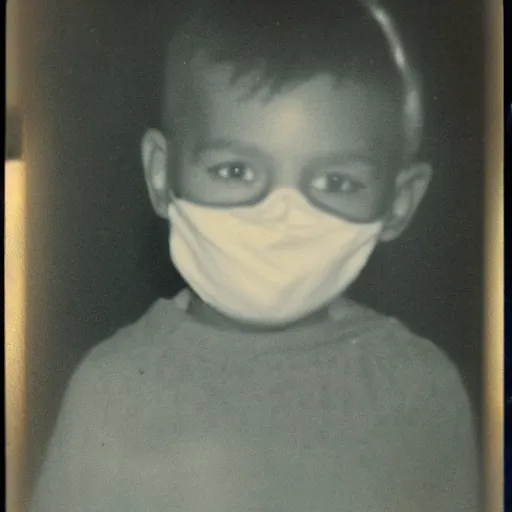 Prompt: found polaroid on a table. picture of a young child with a scary mask on a front porch. dark and spooky, flash photography