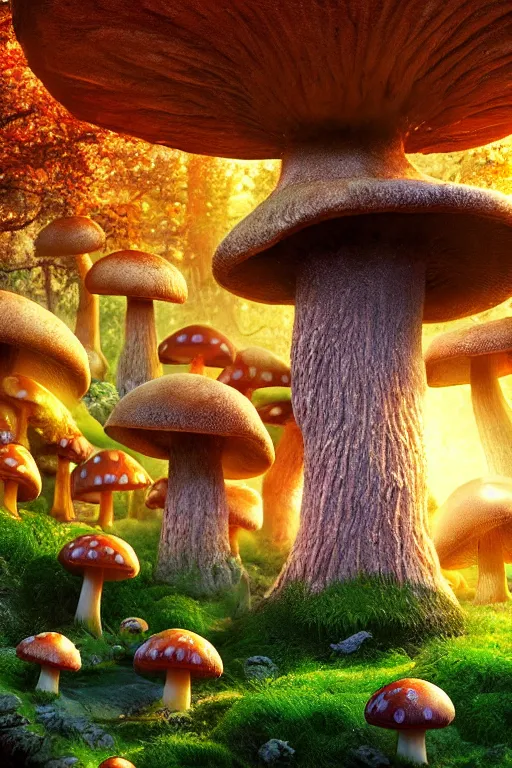 Prompt: A mushroom forest with creatures big and small roaming around beautiful lighting during golden hour by Rob Steen. 28mm, f/1.8, Realistic details. V-ray. Professionally colour graded. Concept art. Vibrant colours