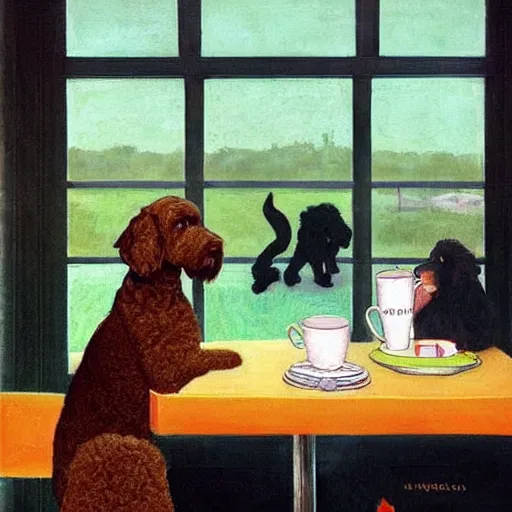 Image similar to Black Goldendoodle with a bright face and a puppy sitting at a diner drinking a cup of coffee, looking melancholy, Norman Rockwell style