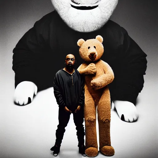 Image similar to cinematic photograph of Kanye West with a anthropomorphic teddy bear, portrait, album cover, shallow depth of field, 40mm lens, gritty, textures