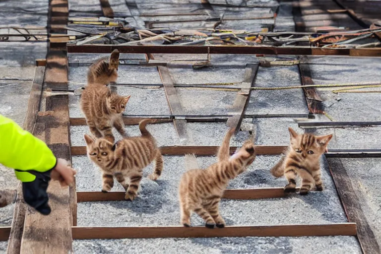 Image similar to kittens walking across a construction beam