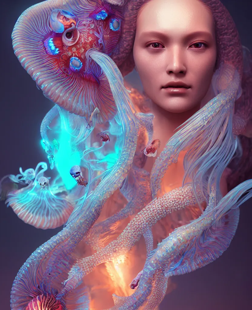 Image similar to goddess close-up portrait. jellyfish phoenix head, nautilus, orchid, skull, betta fish, bioluminiscent creatures, intricate artwork by Tooth Wu and wlop and beeple. octane render, trending on artstation, greg rutkowski very coherent symmetrical artwork. cinematic, hyper realism, high detail, octane render, 8k