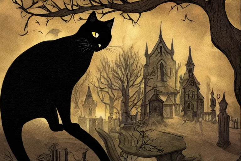 Image similar to black cat in graveyard at midnight halloween tattoo on shoulder by anton pieck, intricate, extremely detailed, digital painting, artstation concept art