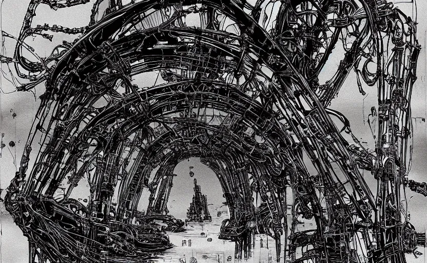 Prompt: bridge to nowhere by tsutomu nihei, inked, minute details, desolation, hyper realistic, cosmic horror, biomechanical, beautiful