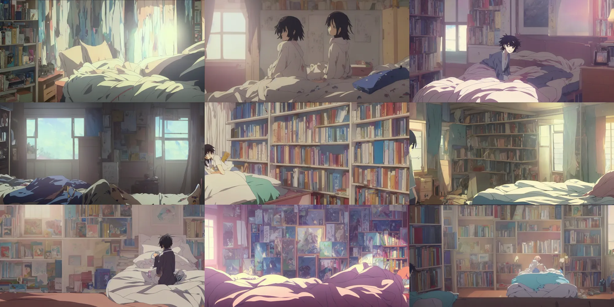 Prompt: an intimate close up of the shelf in the anime character's bedroom, painting of the main character's bedroom in the anime film by makoto shinkai, technology, books, messy clothes, anime lover, screenshot from the makoto shinkai anime