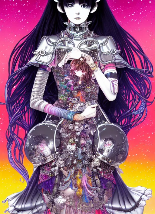Image similar to highly detailed terada katsuya artstation artgerm manga poster of cat girl mechine, rainbow gradient reflection, ayami kojima, long hair, armor, dress, laces, ruffles, 8 k, maximalist, takato yamamoto