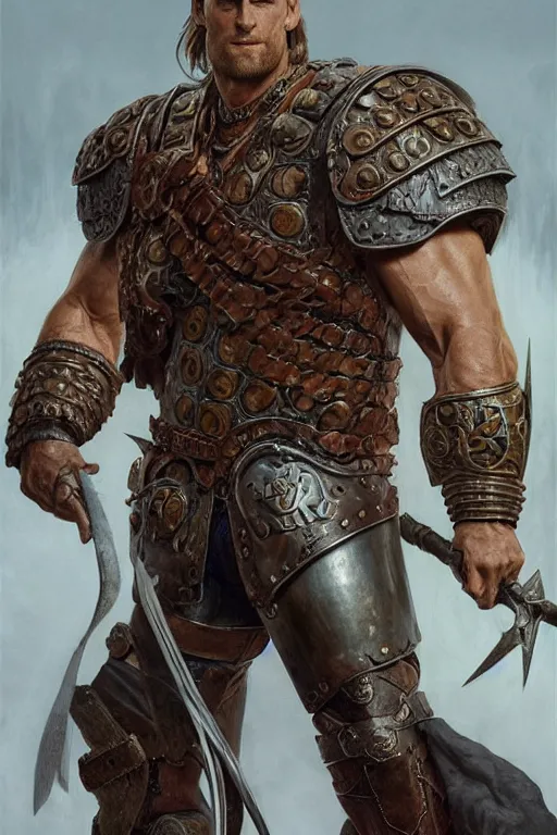 Prompt: ultra realistic illustration,, a hulking herculean alexander skarsgard with leather armour, from doom and warhammer, intricate, elegant, highly detailed, digital painting, artstation, concept art, smooth, sharp focus, illustration, art by artgerm and greg rutkowski and alphonse mucha