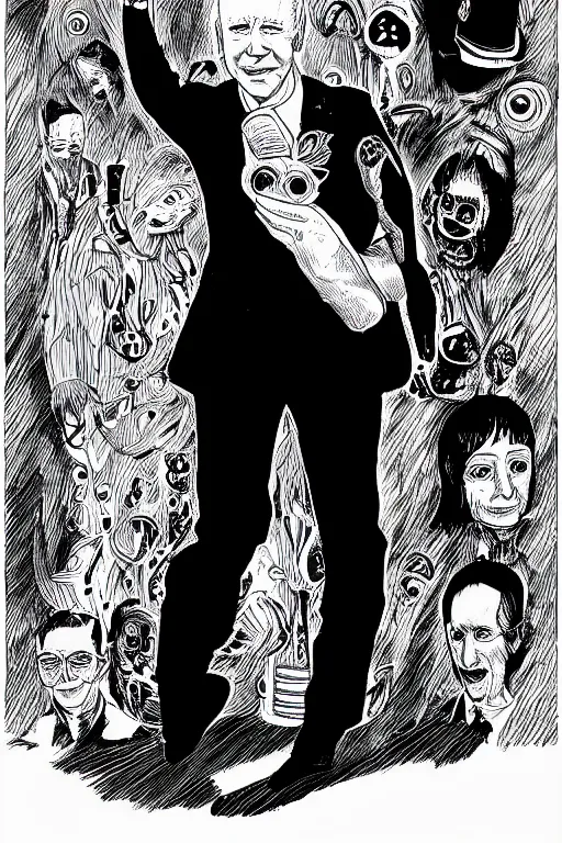 Image similar to Joe Biden full body portrait, body horror, black and white Illustration by Junji Ito